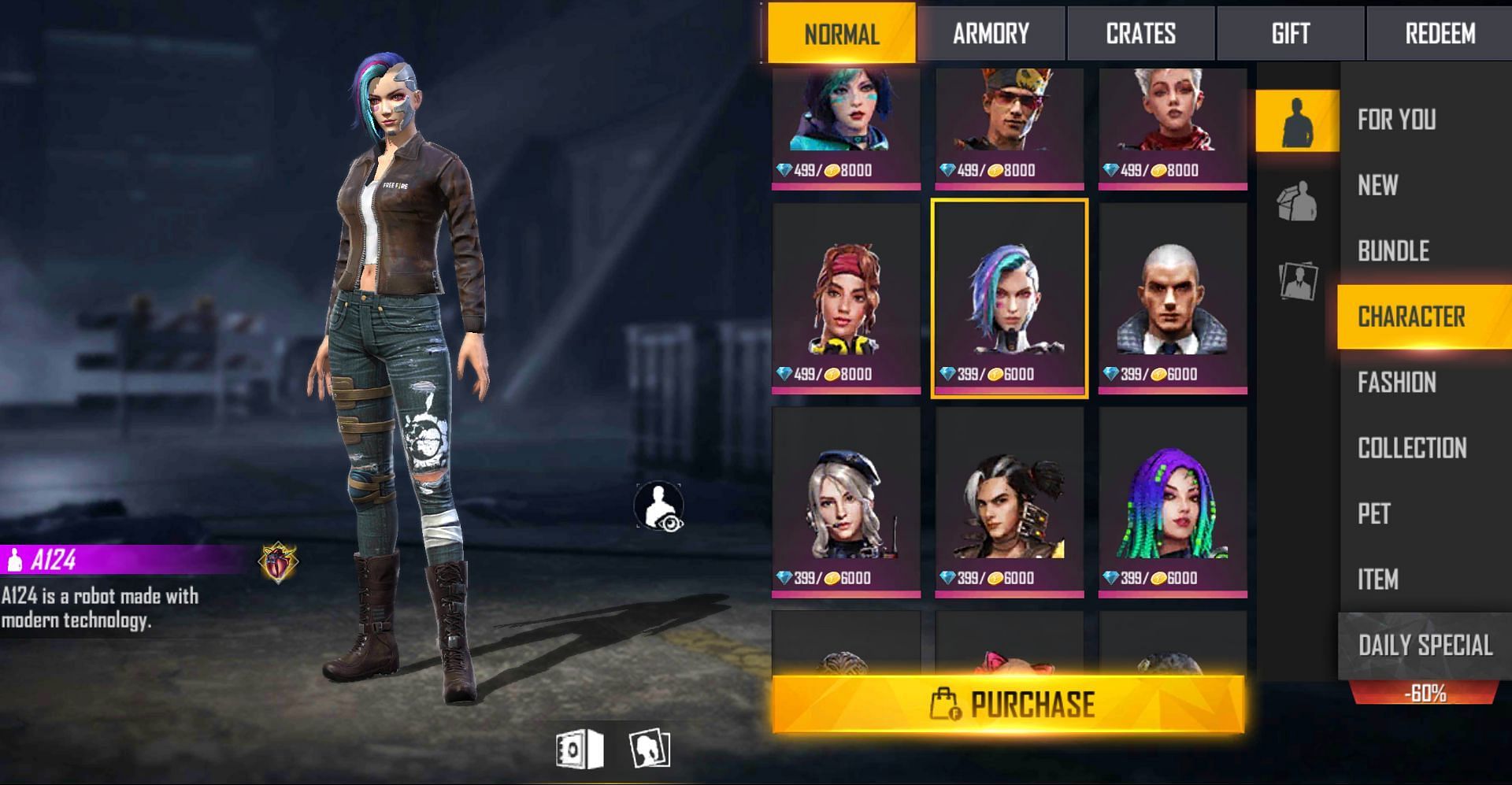 A124 is available for 6000 gold (Image via Free Fire)